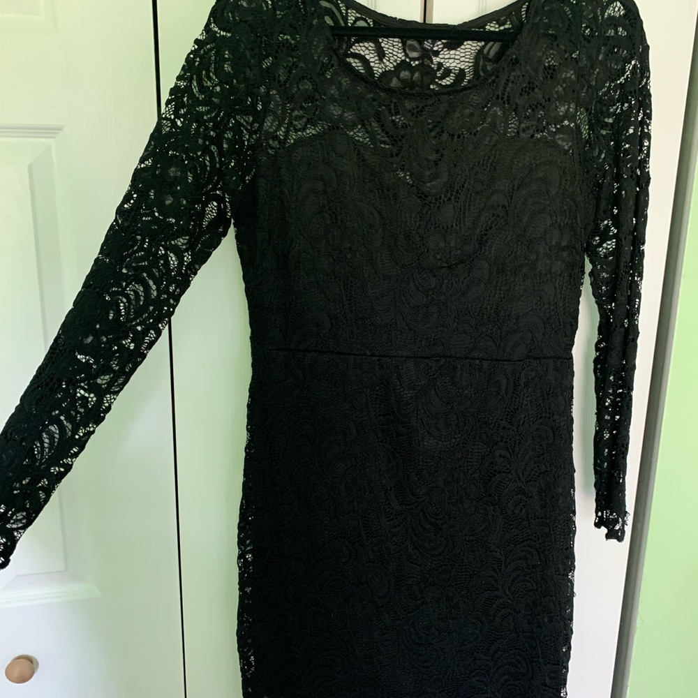 Black lace 3/4 length sleeve, knee-length dress, size XL, by “Ambiance”